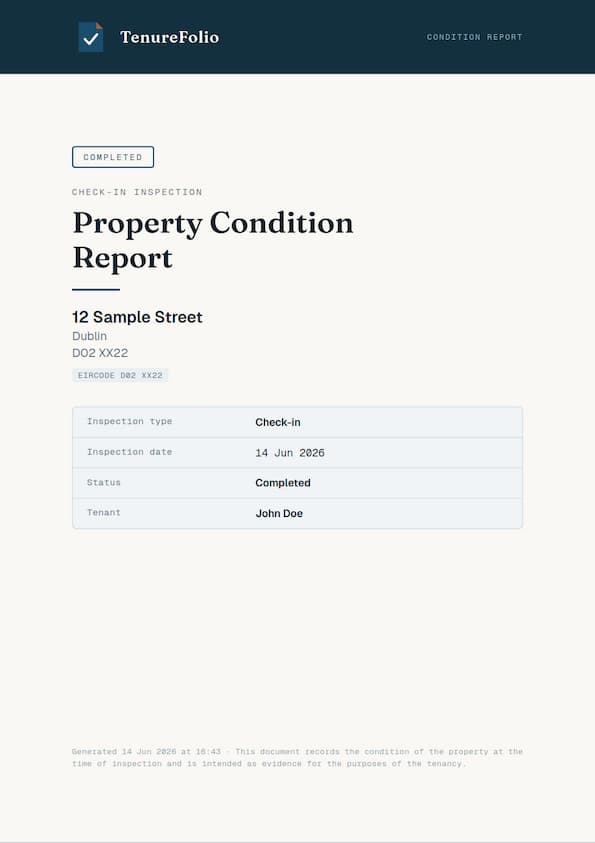 First page of a signed, branded TenureFolio PDF report showing cover, folio mark, and property details